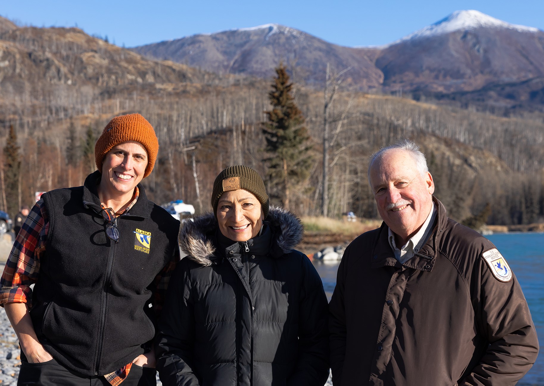 Sara Boario, USFWS Alaska Regional Director (left), and Andy Loranger, Kenai Refuge Manager, hosted the Secretary during her visit to the Kenai. “It means so much that the Secretary takes time to meet with us when she visits Alaska," Boario said. "On each of her three trips she has prioritized time to listen and learn from our employees and share her support and encouragement for our work.”  pc Lisa Hupp/USFWS